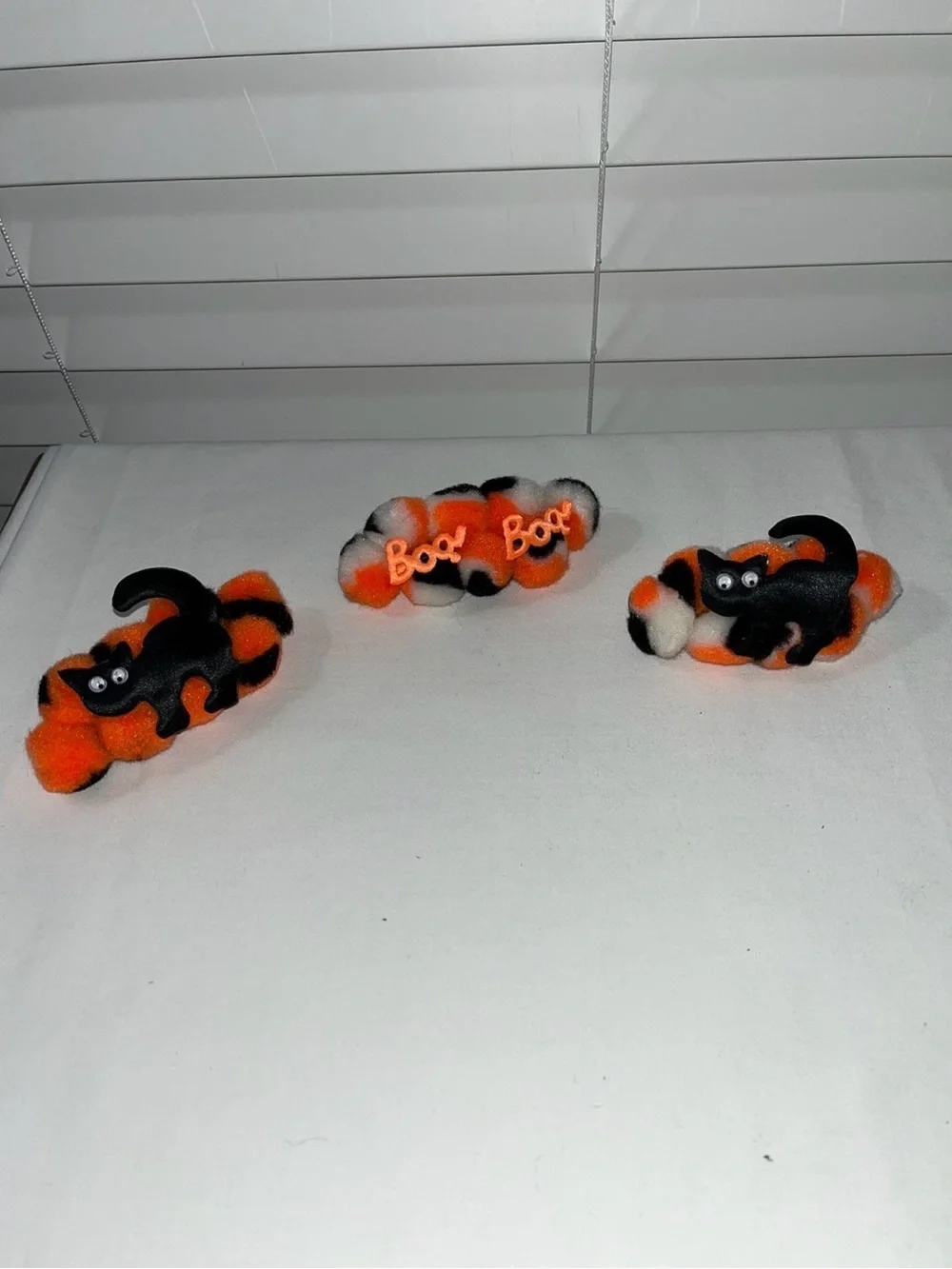 Halloween Black Cat Pom Pom Barrettes Trio - Orange & White